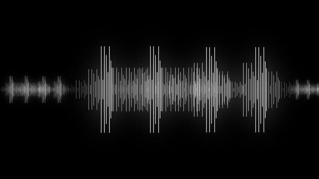 Minimalist Waveform Audio. Abstract White on black sound waves background. 3D rendered looping animation.