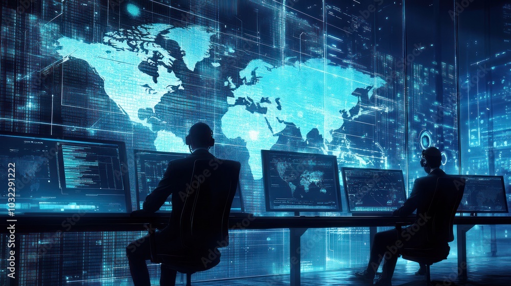 Poster Silhouetted Figures Monitoring Global Data Streams