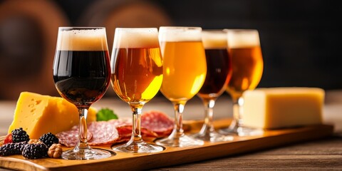 Naklejka premium A wooden platter displays a selection of craft beers alongside cheese and cured meats, creating an inviting culinary experience.