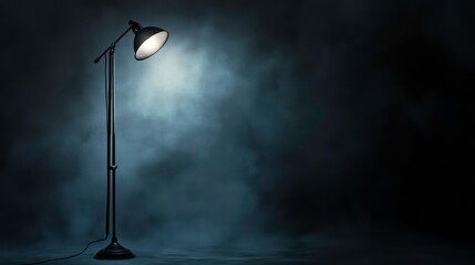 A single spotlight shines through a smoky haze, illuminating a dark background.