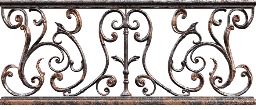 Ornate wrought iron railing with intricate swirling designs, showcasing craftsmanship and elegance in a decorative element.