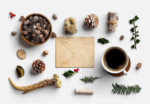 Rustic Winter Flat Lay with Coffee and Pinecones Scene Creator