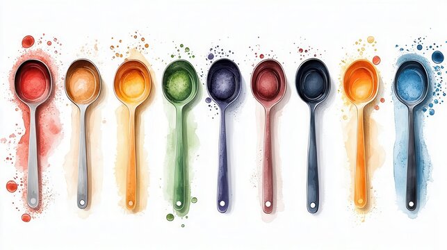 A set of measuring spoons illustration, baking tools, watercolor style, bright colors, isolated on white background