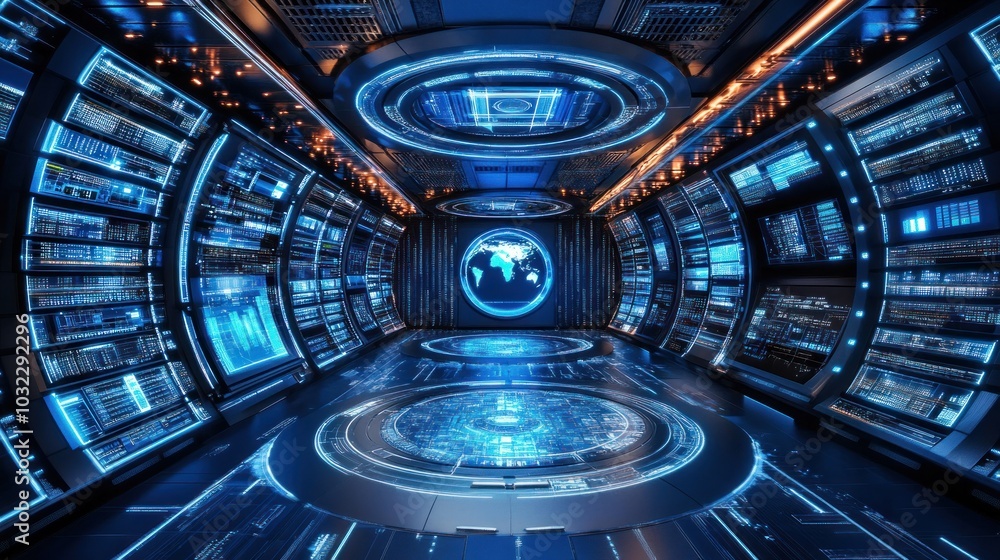 Poster futuristic control room with global view and screens