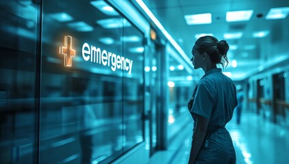 Fototapeta premium A woman in a blue scrubs stands in front of a large window with the word Emergen