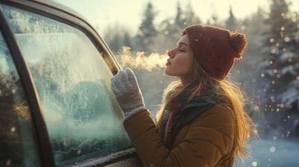 A young woman in winter attire leans against a frosty car window, breathing on the glass as her breath forms a cloud.
