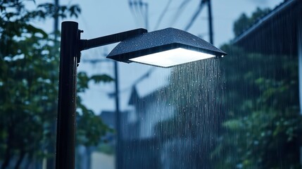 A street lamp illuminates a rainy night with raindrops falling from the light.