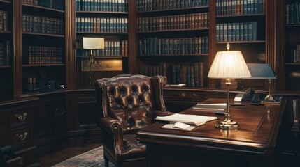 A classic office setting with a wooden desk, leather chair, and bookshelves filled with books.
