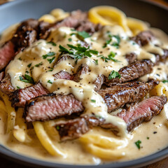 Creamy Philly Cheesesteak Alfredo Pasta, with thin steak slices, pasta, and cheese sauce, served on a plate, placed on a table with a warm dining atmosphere.