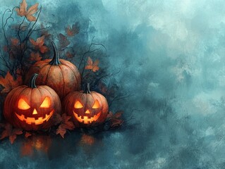Naklejka premium A spooky Halloween scene featuring three carved pumpkins surrounded by autumn leaves.