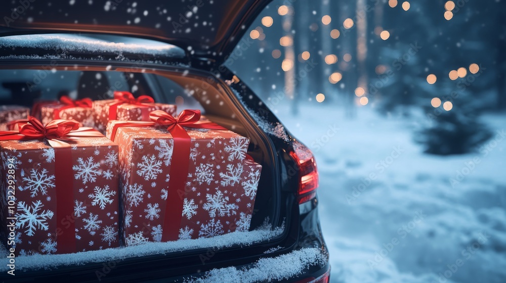 Poster a car trunk filled with beautifully wrapped presents sits in a snowy landscape. soft snowfall adds c