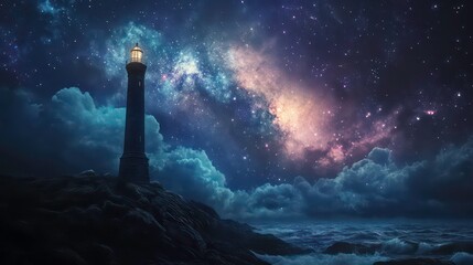 A lone lighthouse stands tall against a backdrop of a starry night sky, its light piercing through the clouds and illuminating the stormy sea.