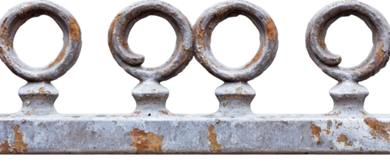 A close-up of a weathered, metallic railing featuring circular patterns and rust, showcasing its texture and aged character against a transparent background.