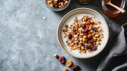 Fototapeta premium A bowl of granola with dried fruits and yogurt, showcasing a healthy breakfast option.