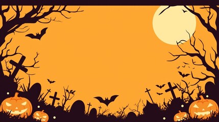 A spooky Halloween scene with bats, pumpkins, gravestones, and a full moon backdrop.