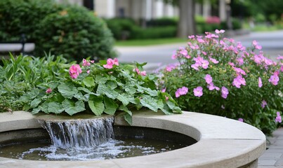 A serene garden scene featuring a fountain surrounded by colorful flowers.