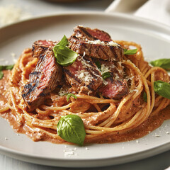 A luxurious plate of succulent spaghetti with grilled steak.