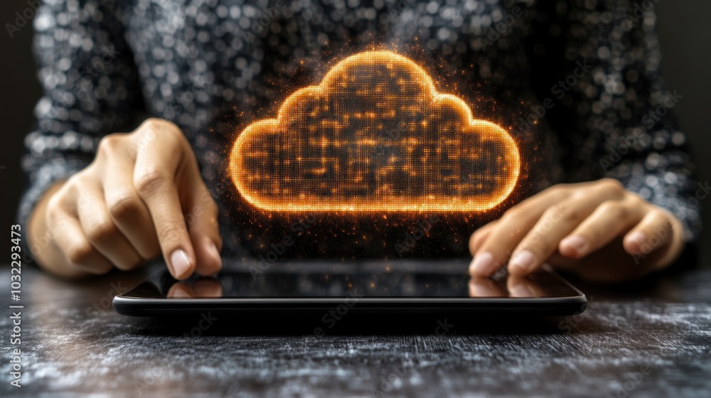 Aufkleber person using tablet with glowing cloud icon