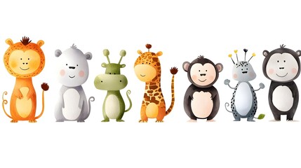 Naklejka premium Charming Watercolor Painting Set Depicting Various Wild Monkey Species in Their Natural Habitats and Poses Ideal for Zoo or Wildlife Themed Clipart and Graphic Design