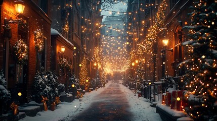 Fototapeta premium Enchanting Snowy Street Decorated with Twinkling Lights