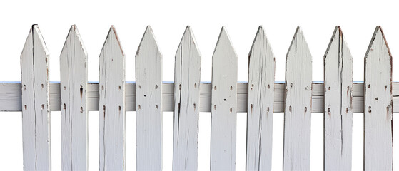 Fototapeta premium A white wooden picket fence with pointed tops against a transparent background, showcasing its classic design and weathered texture.