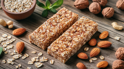 Fototapeta premium Protein bars with ingredients on a wooden table natural