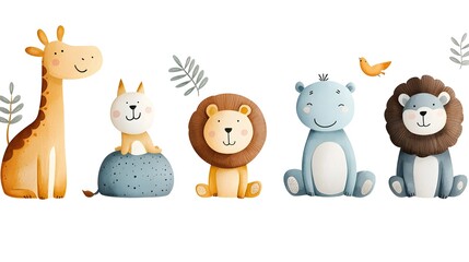 Fototapeta premium Enchanting hand painted watercolor of a charming camel playful monkey majestic lion and graceful kangaroo in an adorable zoo animal clipart set on a clean background