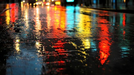 City lights reflecting off wet pavement at night, with high detail in the reflections.