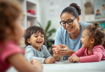 A child care worker playing with kids and laughing in a close up