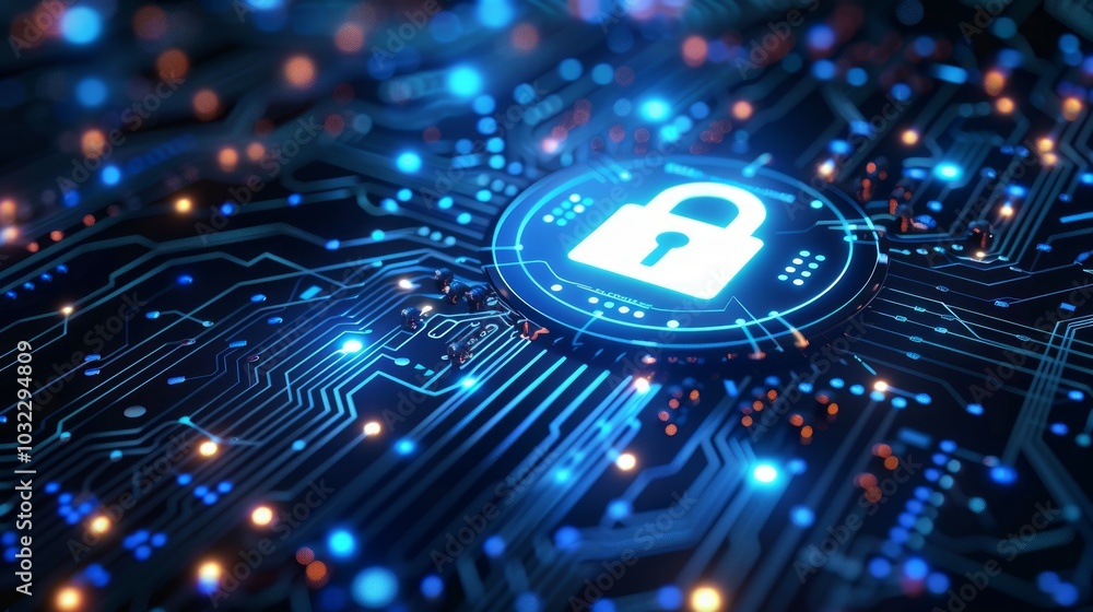 Poster a glowing padlock icon sits on a circuit board, representing cybersecurity and data protection.