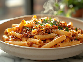 Penne with beef ragu in a light beige bowl, steam rising from the dish, served on a marble countertop, with soft sunlight coming through a window.