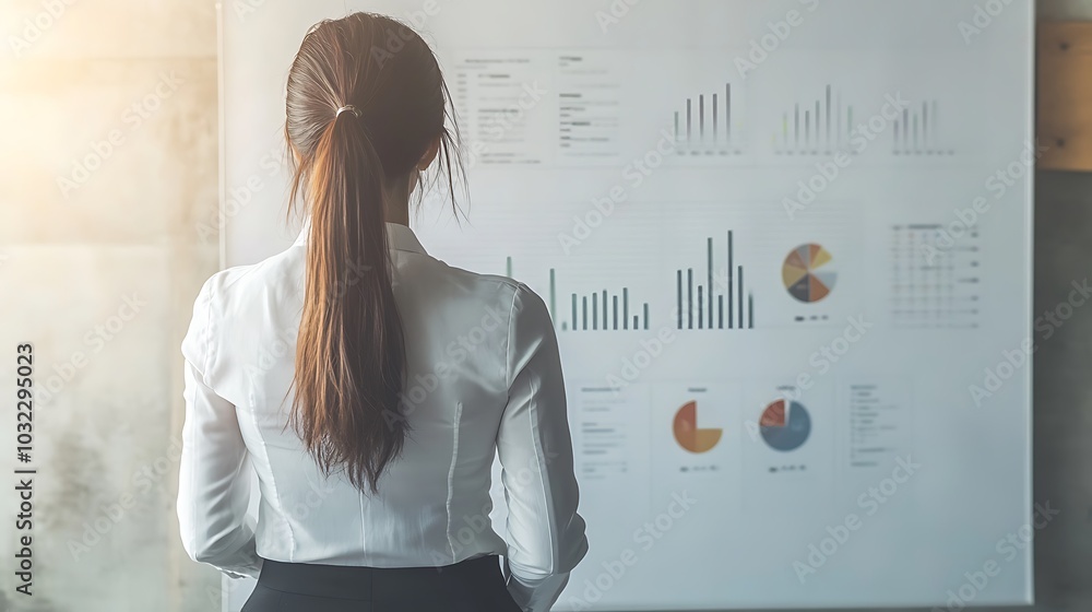 Aufkleber a businesswoman stands in front of a whiteboard with charts and graphs, analyzing data.