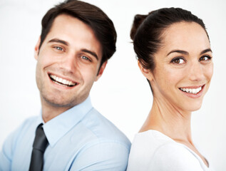 Business people, happy and portrait in studio with confidence, partnership and collaboration. Man, woman and smile on white background for teamwork, about us and project management for company growth