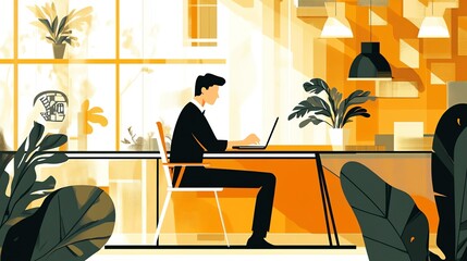 Cartoon businessman sitting at desk in office, working on laptop