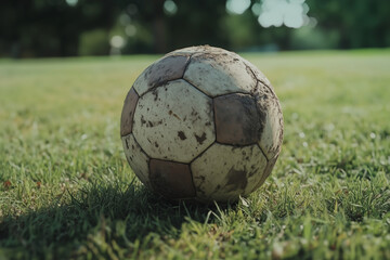 Dirty soccer ball on green grass outdoors, space for text