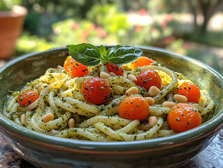Pesto linguine with cherry tomatoes and pine nuts in a deep olive-green ceramic bowl, with a bright garden scene in the background.