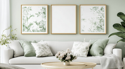 A mockup of three empty wooden frames on the wall