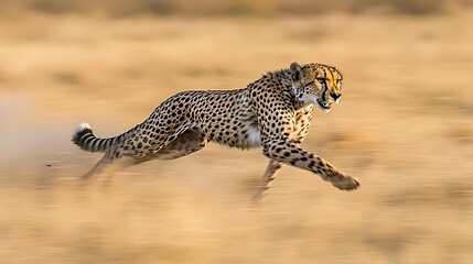 A cheetah runs through tall grass, kicking up dust with its powerful strides