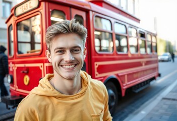 Beside a bright red trolleybus a young white man approximately y