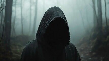 A mysterious figure in a hooded cloak stands in a foggy forest, their face hidden from view.