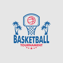 Tropical Basketball Tournament Logo with Palm Trees and Stars
