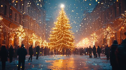 Illuminated Christmas Tree in Town Square at Night