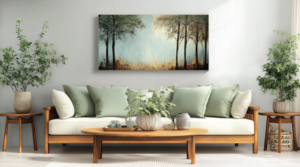 A simple wooden sofa with light green cushions and an abstract painting of trees hanging on the wall above it