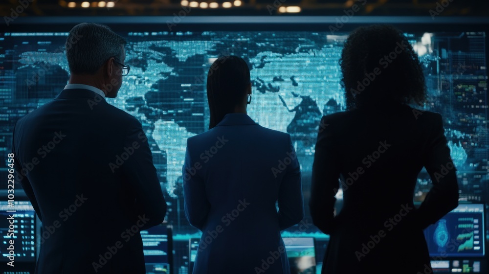 Poster three silhouettes looking at a world map on a large digital screen