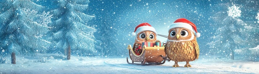 Obraz premium Owls with Santa hats on a sleigh, pulling it through a snowy night, holiday cheer, cute cartoon 3D illustration