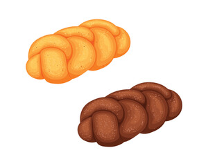 Challah. The bread is braided. Sweet flour dessert. A sesame bun. The vector illustration is isolated on a white background.