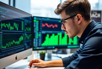 Close up of a young professional analyzing data on a computer sc