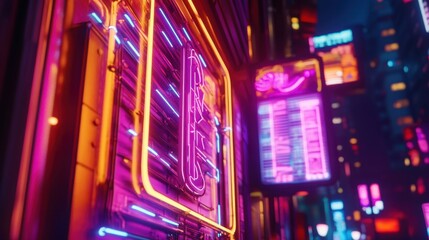 Close-up of a neon sign glowing in the night, with sharp detail and vibrant colors.