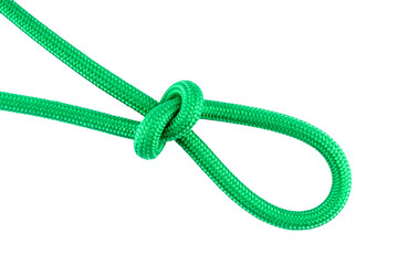 Green plastic or nylon rope with a knot isolated on a transparent background