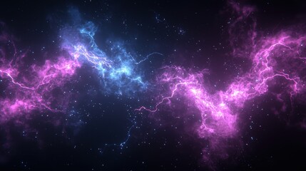 A vibrant cosmic scene features swirling pink and blue nebulae against a dark backdrop, evoking the beauty and mystery of the universe.